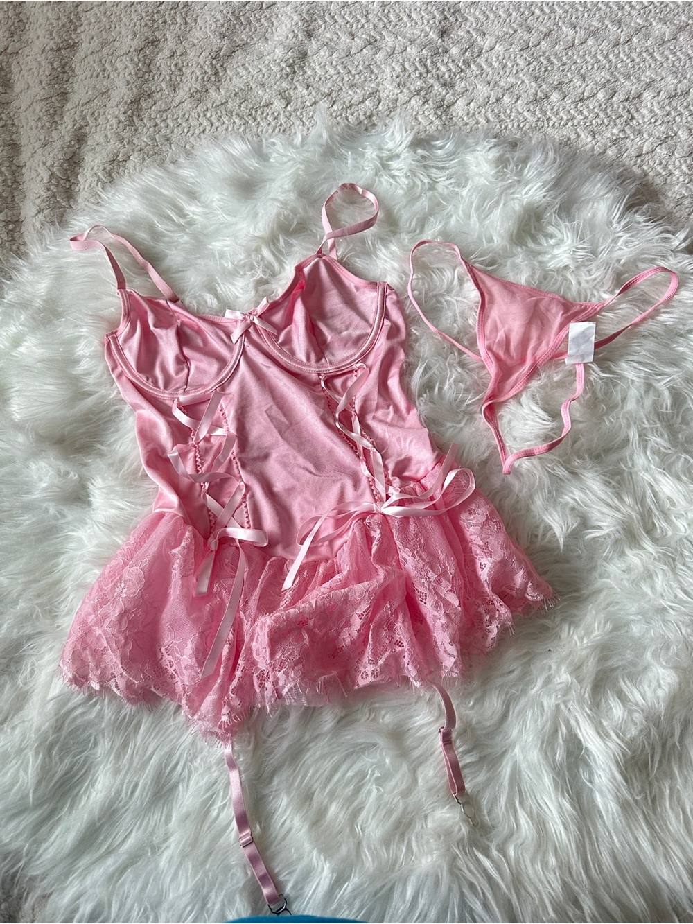 Pink Lace Babydoll Chemise Lingerie Set